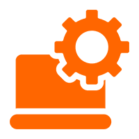 02 Orange gear and laptop icon on black.