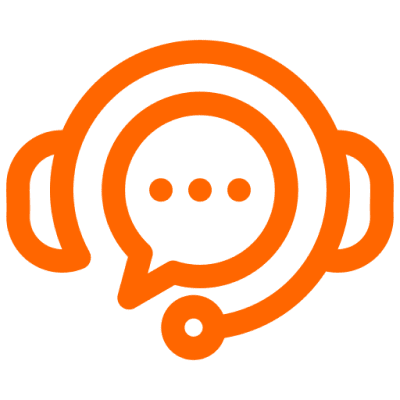 icon (3) Orange headset icon with speech bubble.